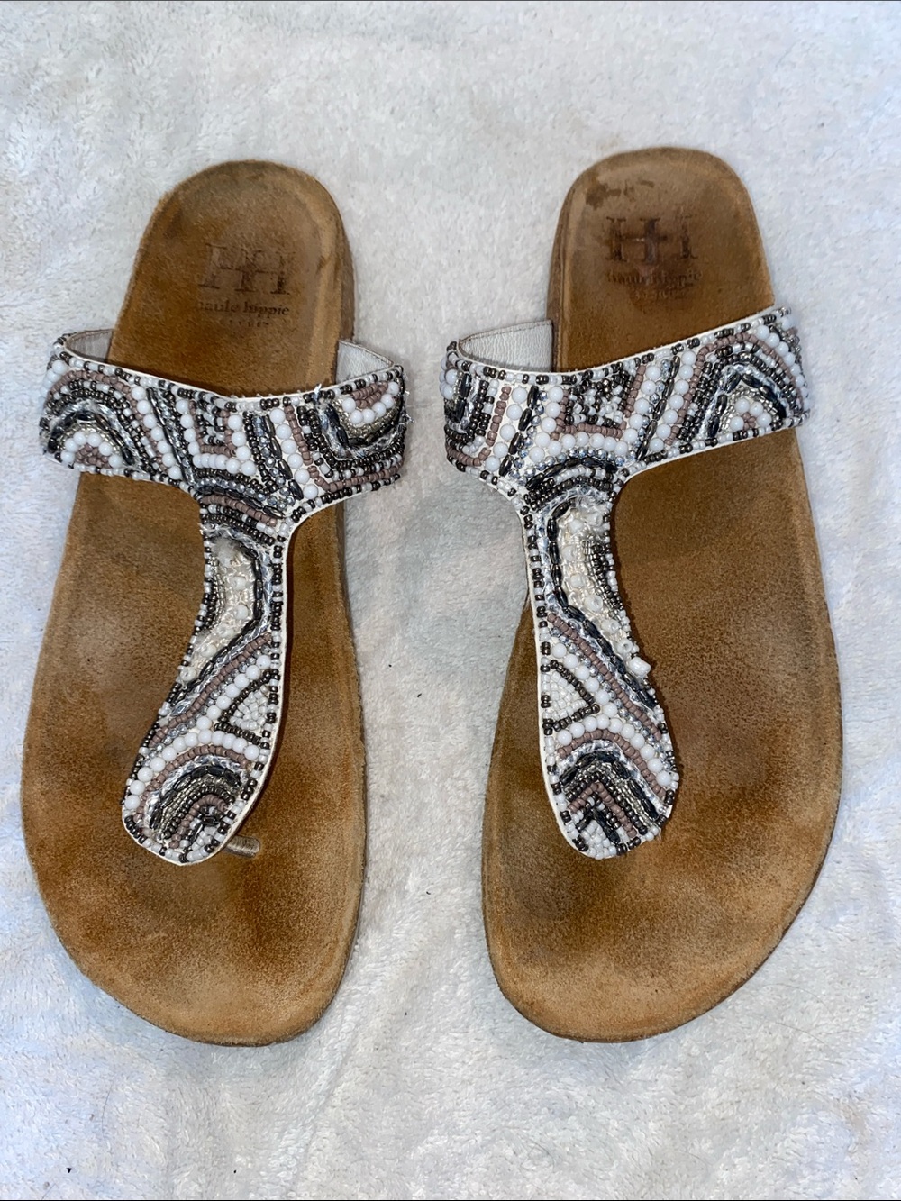 Haute Hippie Beaded T-Strap Sandals in White, Black & Tan